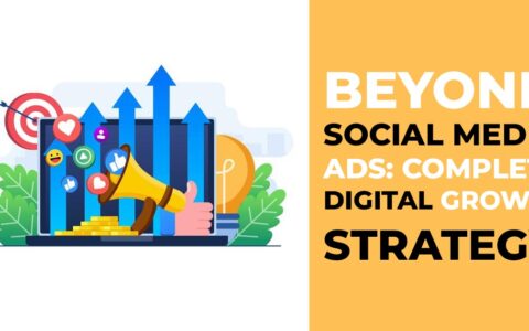 Marketing team planning a digital growth strategy that goes beyond social media ads, including SEO, content marketing, and online branding for business success.
