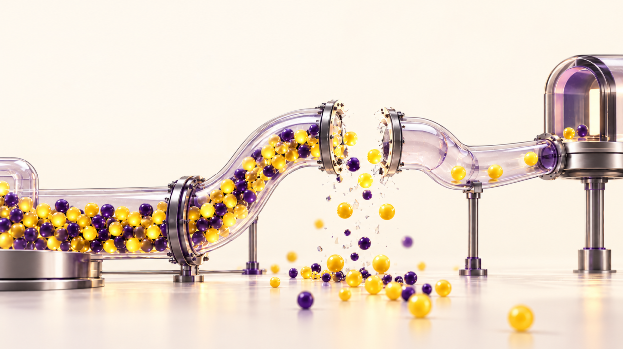 Broken glass pipeline spilling purple and yellow spheres, illustrating why marketing is not generating sales.